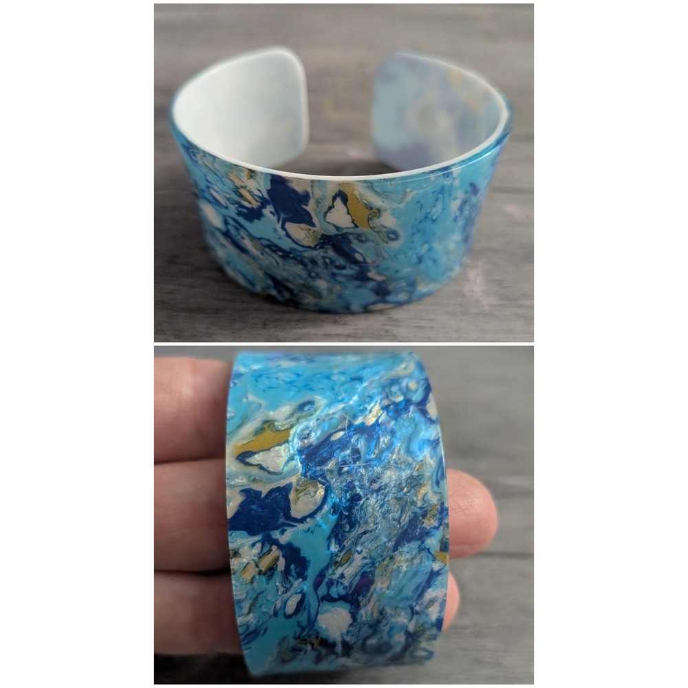 Blue Marble Paint Pour Cuff Bracelet Gold White Abstract Fluid Art Wide Bangle
